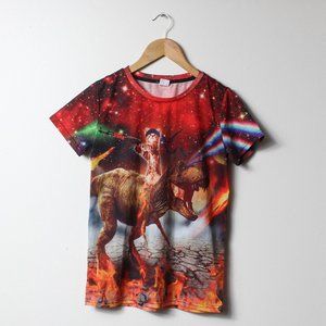 Cat Dinosaur Shirt Boys Large Red All Over Print